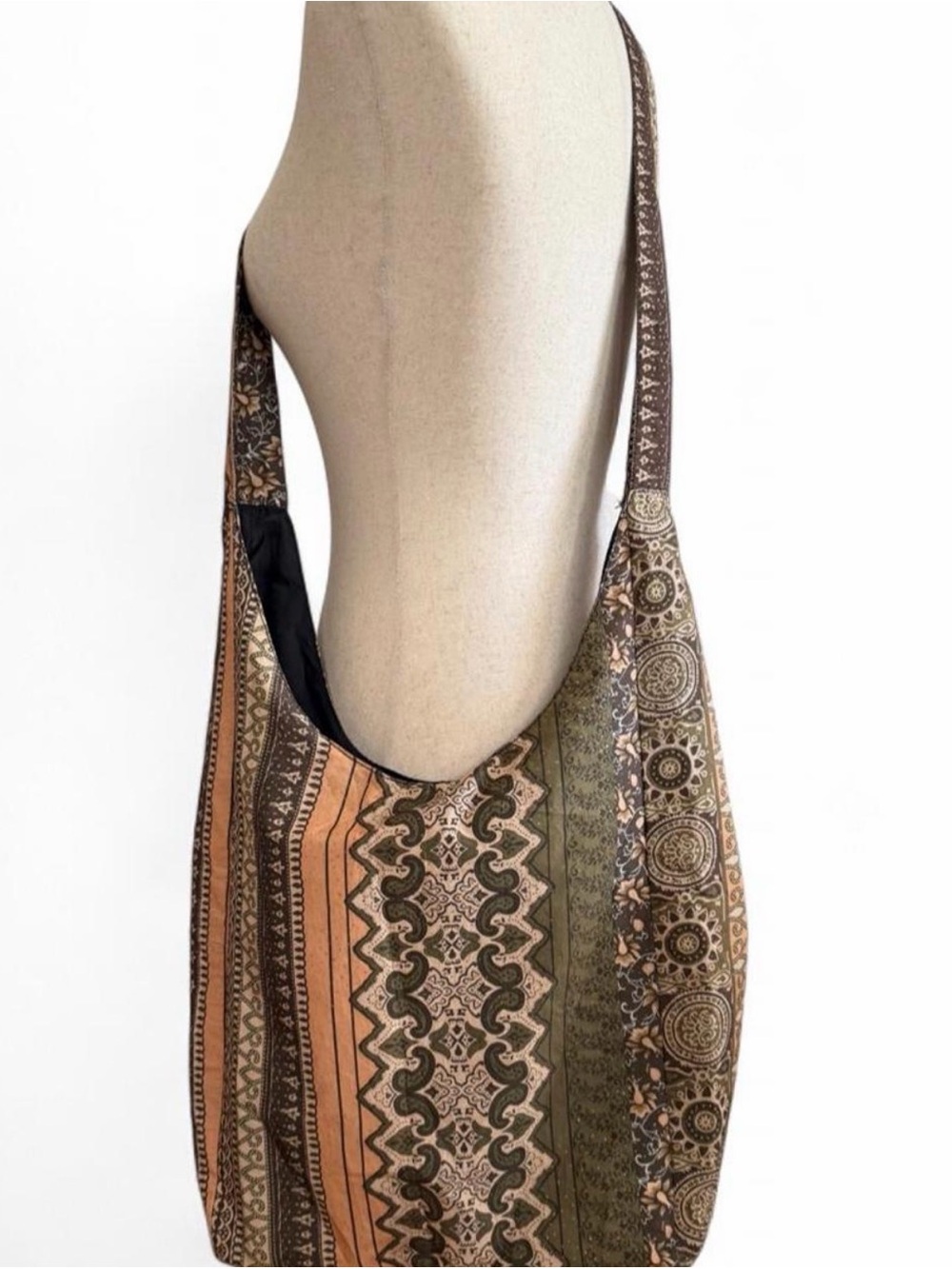 Y2K Bohemian Patterned Hobo Bag in Brown and Olive